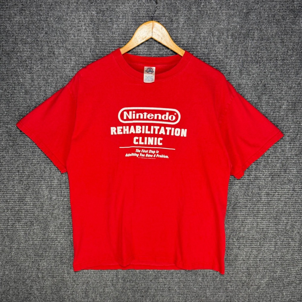 Vintage 2003 Nintendo Rehabilitation Clinic Red Graphic T-Shirt Delta Large